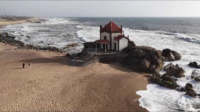 Capela do Senhor da Pedra aerial view on Miramar beach Porto Portugal