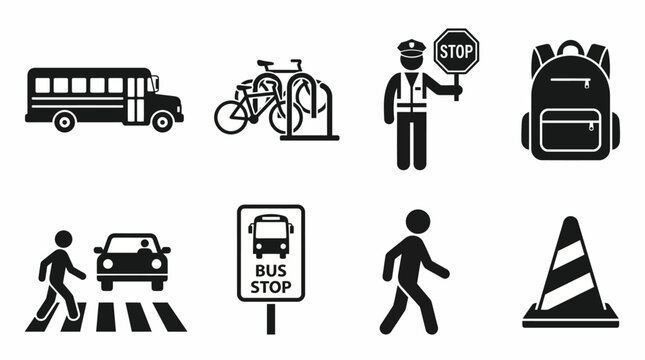 School safety transport icons set with bus, backpack, crossing guard, pedestrian, bicycle rack, traffic cone, bus stop, education zone