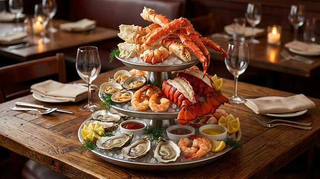 Seafood tower with lobster and oysters on wooden table at restaurant