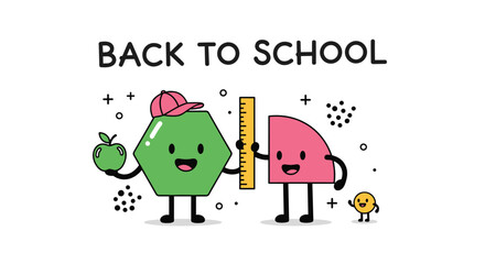 Fototapeta premium Group of cute geometric shape characters, including a green hexagon and pink sector, holding an apple and a ruler.