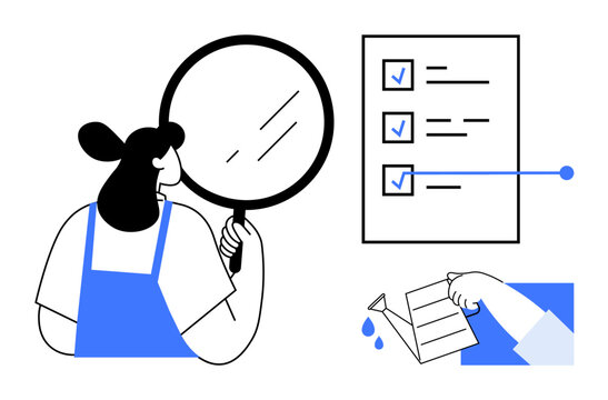 Business analytics, task management, teamwork, growth, strategic planning, goal setting. Woman holding magnifying glass and checklist with hand watering. Business analytics and task management