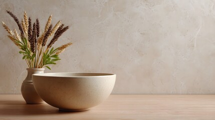 Fototapeta premium Minimalist still life featuring wheat stalks and a cream ceramic bowl displayed on a wooden surface against a textured neutral backdrop