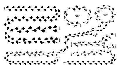 Webbed bird footprints trail vector illustration with duck goose swan path silhouettes isolated on white background for print and game design © MstMonisha