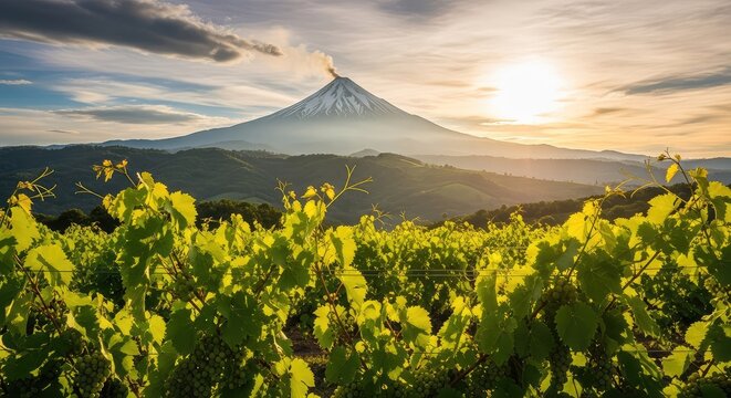 Vibrant green grapevines bask in warm sunlight before a majestic volcano peak, framed by rolling hills and dramatic clouds in the sky, light, tranquil, geology