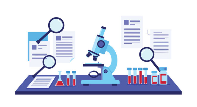 Scientific research laboratory setup includes a blue microscope surrounded by test tubes with red samples and several documents.