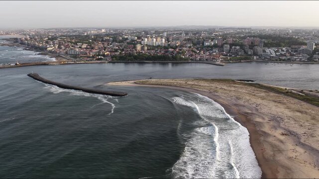 Porto Portugal Coastal View Douro River Mouth and breaking waves
