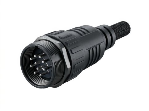 Black plastic multi- pin connector plug with threaded body and knurled grip multi-pin
