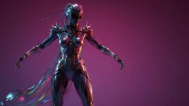 Cybernetic Female Figure in Dynamic Pose Against a Magenta Gradient Background for Futuristic Concept Art