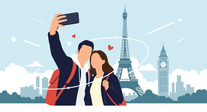 Young couple enjoys a romantic vacation while taking a selfie in front of famous landmarks like the Eiffel Tower and Big Ben.