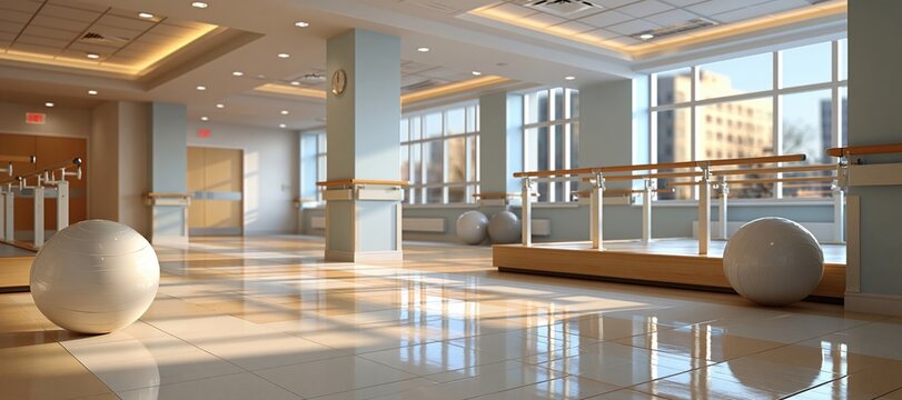 Modern rehabilitation room with parallel bars and therapy balls in natural light