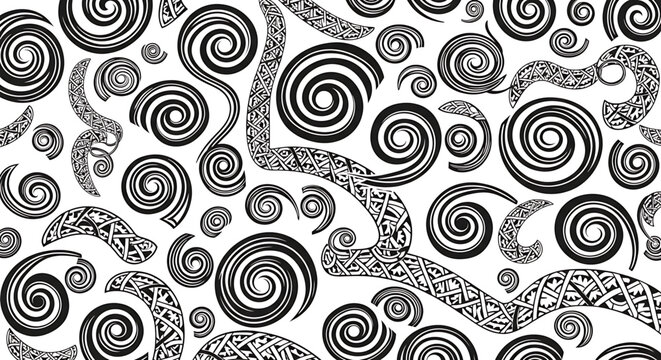Traditional maori koru pattern with spirals and tribal ornaments, black and white abstract ethnic background
