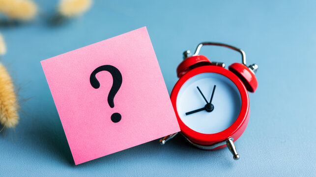 Pink sticky note bringing questions and uncertainty over an alarm clock, concept for time management, planning, and decisions