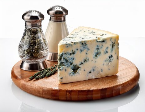 a closeup of a delicious portion of blue cheese and gourmet salt and pepper shakers isolated on a white background with a tasty slice of french roquefort
