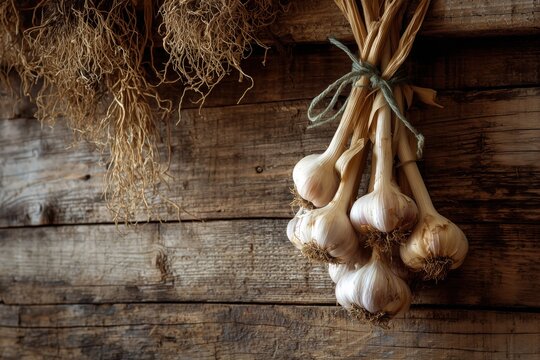 A still life shot showcasing a braid of garlic hanging against a wooden backdrop.