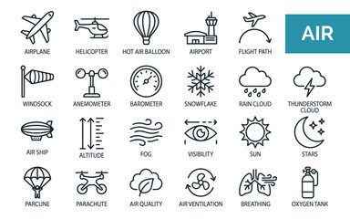 Fototapeta premium Aviation and Meteorology Icon Set - Air Travel, Weather, and Atmospheric Science Line Art