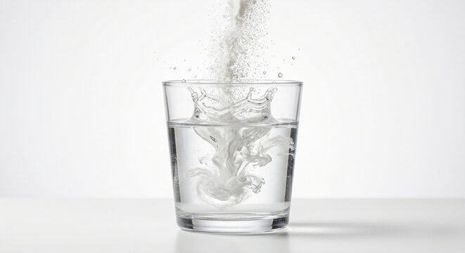Pouring white supplement powder into a glass of water with splash, healthy wellness concept.
