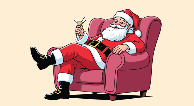 Jolly Santa Claus takes a well deserved break by relaxing in a comfortable pink armchair with a cocktail in his hand while smiling happily.