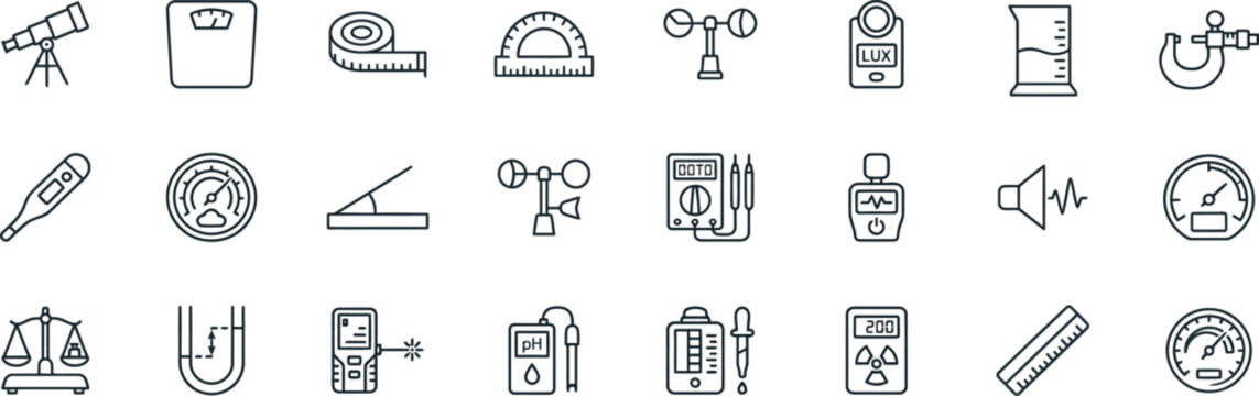 Measurement Tools and Scientific Instruments Icon Set - Laboratory and Engineering Line Art
