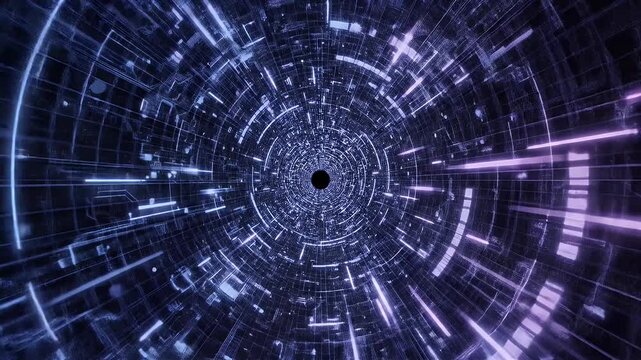 A mesmerizing, futuristic tunnel design features intricate geometric patterns and glowing lines converging towards a central void, creating a sense of depth and technological advancement.