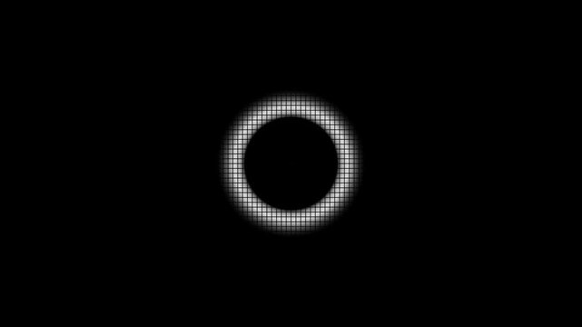 Abstract digital circle pulsation with glowing white grid pixels on black background loop.