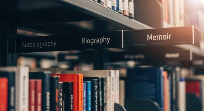 Shelves of autobiographies, biographies, memoirs