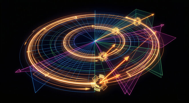 Abstract glowing neon circular radar interface with dynamic kinetic tracking vectors