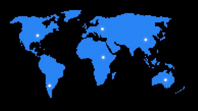 Global network connection points show on digital world map animation.