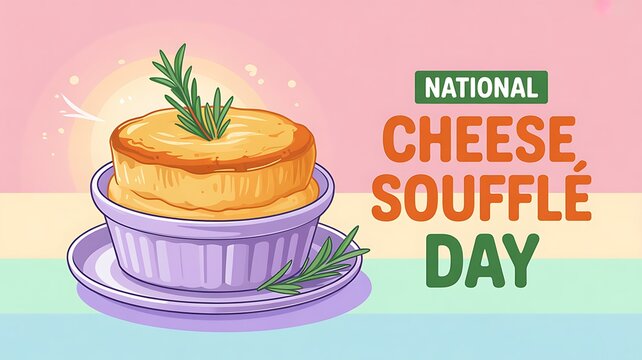 National cheese souffl&eacute; day illustration featuring souffl&eacute; and rosemary garnish french cuisine main course
