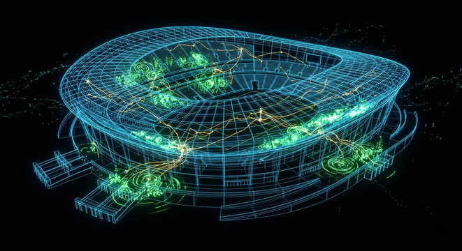 Futuristic glowing neon wireframe sports stadium architecture with smart data network connectivity