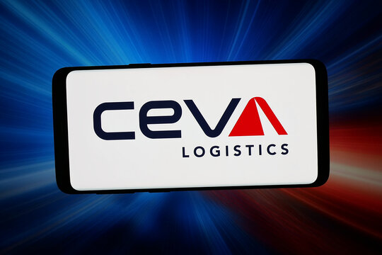 Stuttgart, Germany - 04-27-2026: In this photo illustration, the logo of French supply chain company CEVA Logistics is displayed on a smartphone in front of abstract background on computer screen.