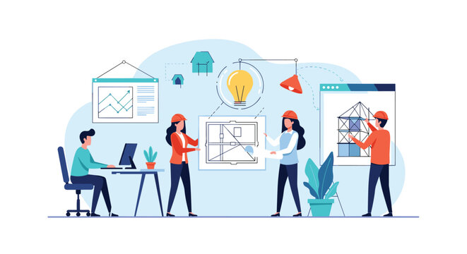 Professional team of architects and engineers working together on a complex construction project using modern digital tools.