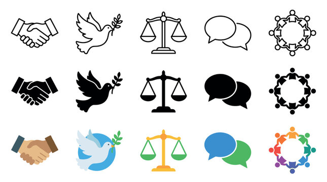Peace justice communication collaboration diversity icons set illustrating fundamental societal values, human interactions, and global principles in a clean graphic style.