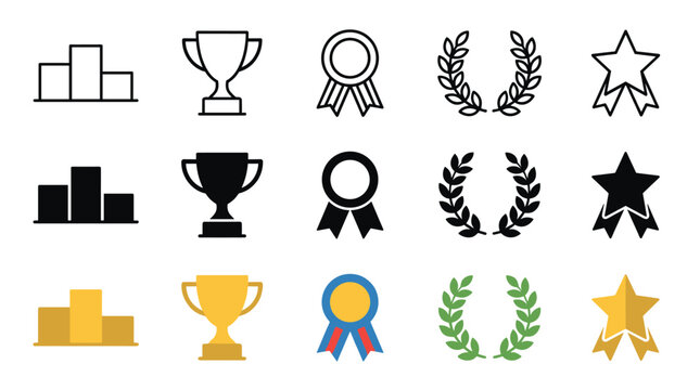Award achievement victory success prize icon set featuring podium, trophy, medal, laurel wreath, and star symbols in various styles.