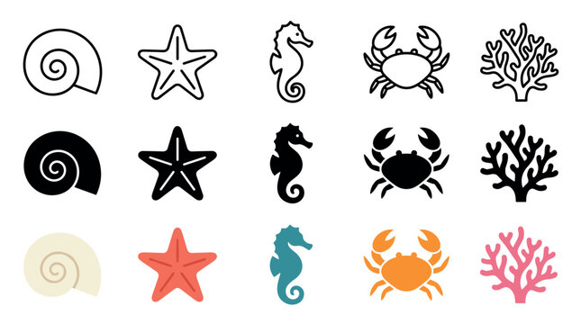 Collection of marine life icons featuring various sea creatures and shells in outline, solid, and colorful flat styles, perfect for ocean-themed designs and digital projects.