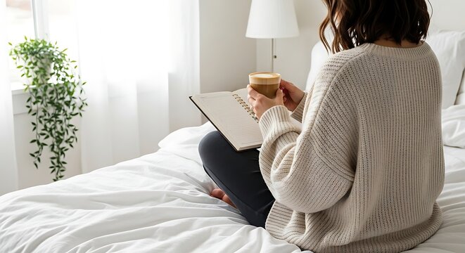 A woman sitting on a white bed wearing a beige knitted sweater holding a cup of coffee and writing in a notebook near a hanging green plant
