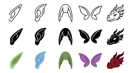 Fototapeta premium Fantasy creature ears and dragon heads are depicted in a collection of outline, solid, and colored vector illustrations, perfect for game design or mythical storytelling.