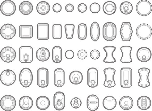 Variety of Metal can lids or lids shapes for canned food products, offering a glimpse into the design of containers. Showcasing different shapes and sizes to illustrate options for canned goods.