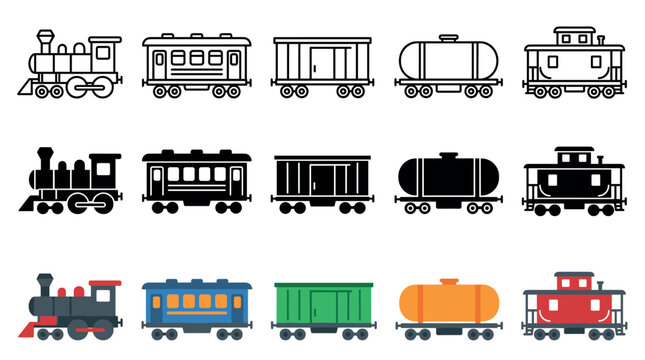 Trains and railway cars icon set featuring various locomotives, passenger wagons, freight cars, tank cars, and cabooses in outline, silhouette, and colorful flat design styles.