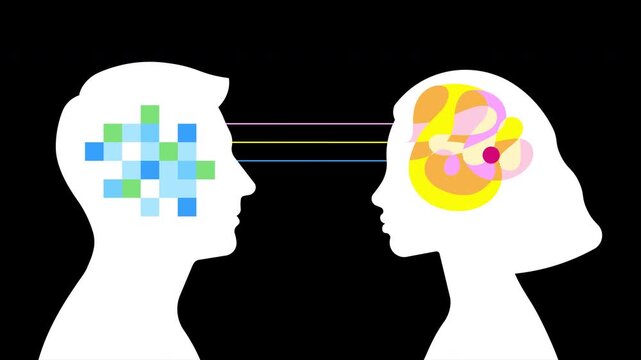 Male and female thinking. Logical and emotional mindset comparison. Psychology and gender differences. Simplicity, vector illustration. Seamless Loop Video. Transparent background on Alpha Channel Pro