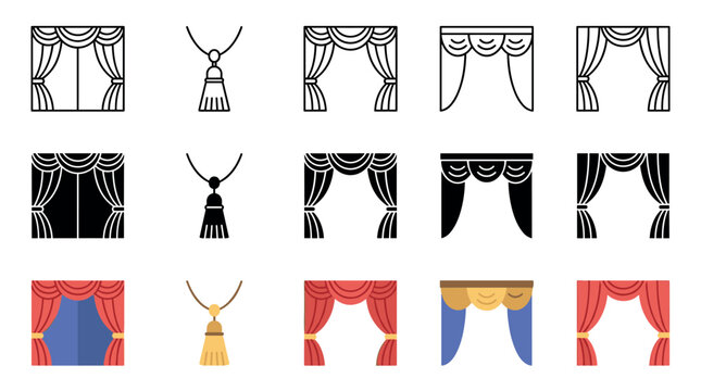 Curtains drapes window treatments home decor elements presented in a comprehensive collection of outline, glyph, and flat design icons for interior design and textile concepts.