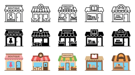 Naklejka premium Various small shop fronts and store icons are depicted in different styles, representing common retail businesses like boutiques, cafes, grocery markets, bookstores, and bakeries.