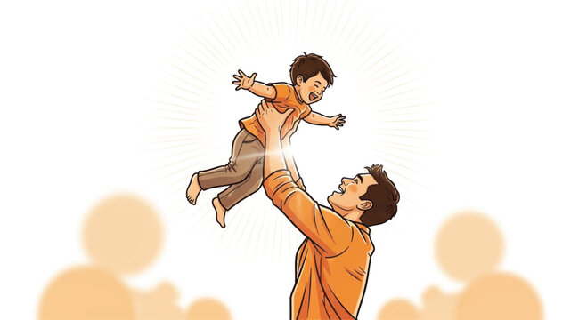 Vector illustration of happy father lifting child, joyful family moment, orange color scheme, flat design