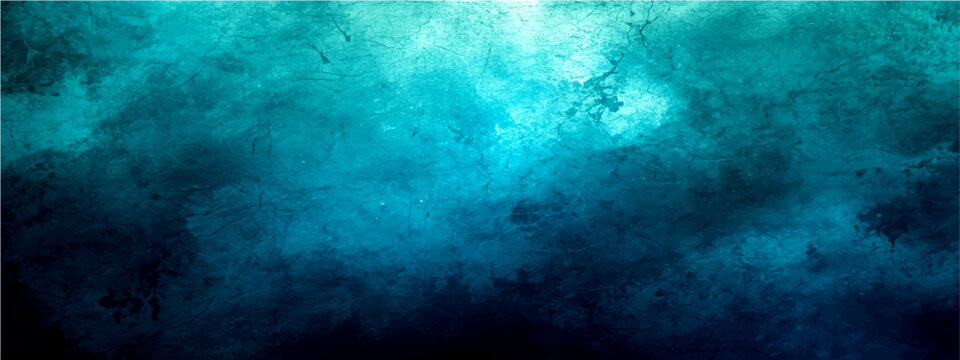 Deep blue underwater background with light rays, turquoise ocean water surface from below, dark sea abyss with misty texture, cinematic aquatic atmosphere for web banners and posters