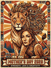 Obraz premium A mother and lion illustration celebrating mother's day 2026 with intricate patterns bold colors and a radiant sunburst background