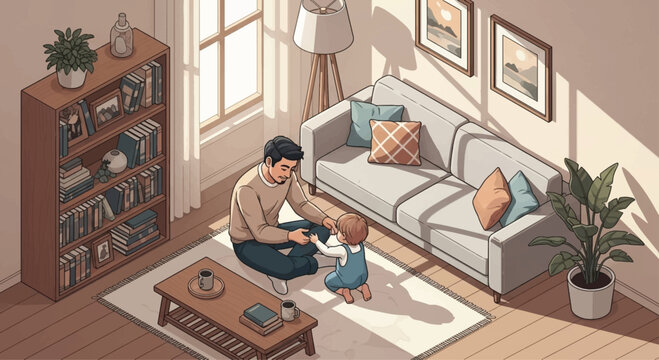 Vector illustration of a man and child in living room, family scene, home interior, cozy atmosphere