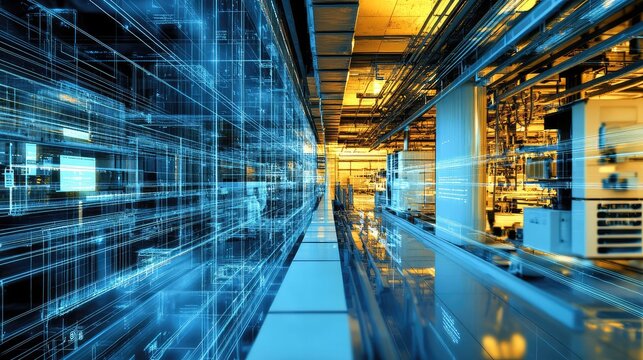 Digital twin concept visualizing a factory floor, integrating data and virtual reality to optimize industrial processes and drive smart manufacturing forward