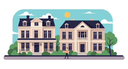 Fototapeta premium Two large elegant residential houses with classical architecture and a person walking on the sidewalk in a quiet neighborhood.