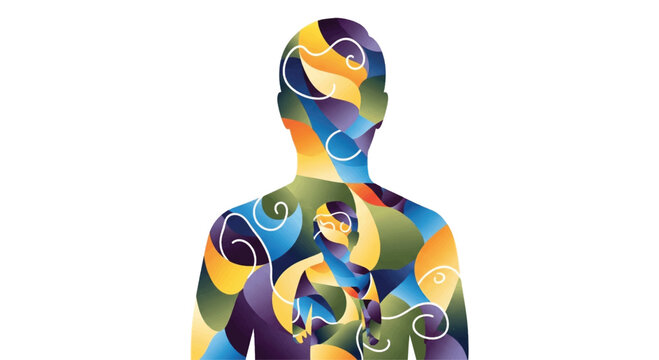 Colorful swirling patterns, abstract human silhouette, vibrant illustration, vector art
