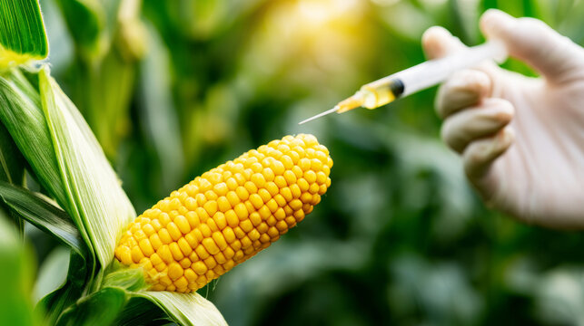 Hand injecting liquid into corn cob, representing genetic modification, biotechnology and agricultural innovation