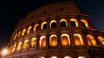 Naklejka premium Colosseum illuminating night sky with golden light, showcasing ancient Roman architecture and historic monument